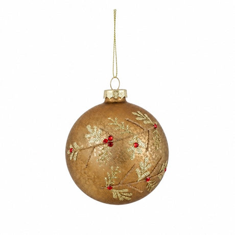 Gold glass Christmas bauble with gold branch pattern, 8 cm diameter