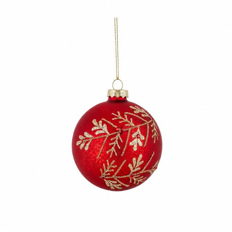 Red glass Christmas bauble with gold branch pattern, 8 cm diameter