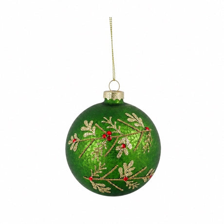 Green glass Christmas ornament with gold-colored branch pattern, 8 cm diameter