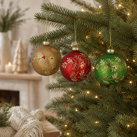 Christmas baubles with gold-colored branch pattern, 8 cm diameter