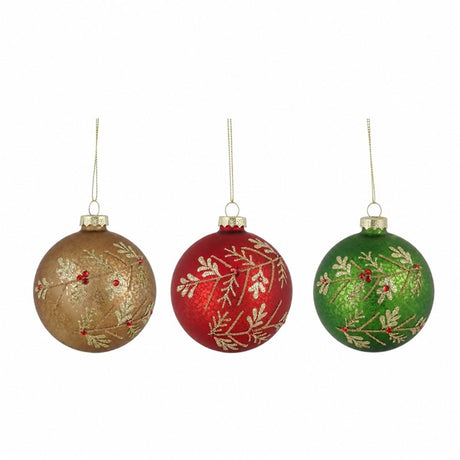 Glass Christmas baubles with gold-colored branch pattern, 8 cm diameter