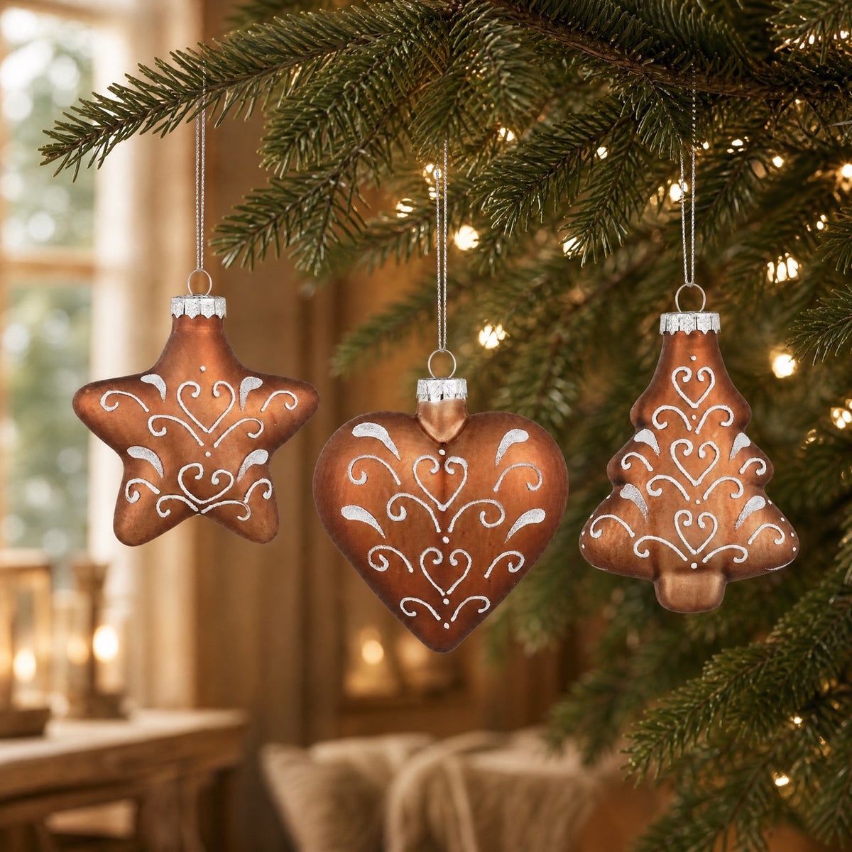 Glass gingerbread-shaped ornaments on Christmas tree