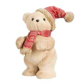 Bamse med strikhue og halstørklæde 33 cm høj til dekoration