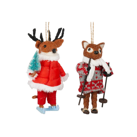 Deer wearing skates and fox wearing skis as Christmas hanging ornaments