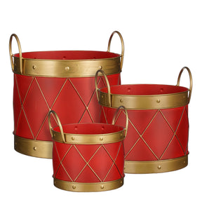 Set of 3 red, drum-shaped buckets in assorted sizes, made of iron