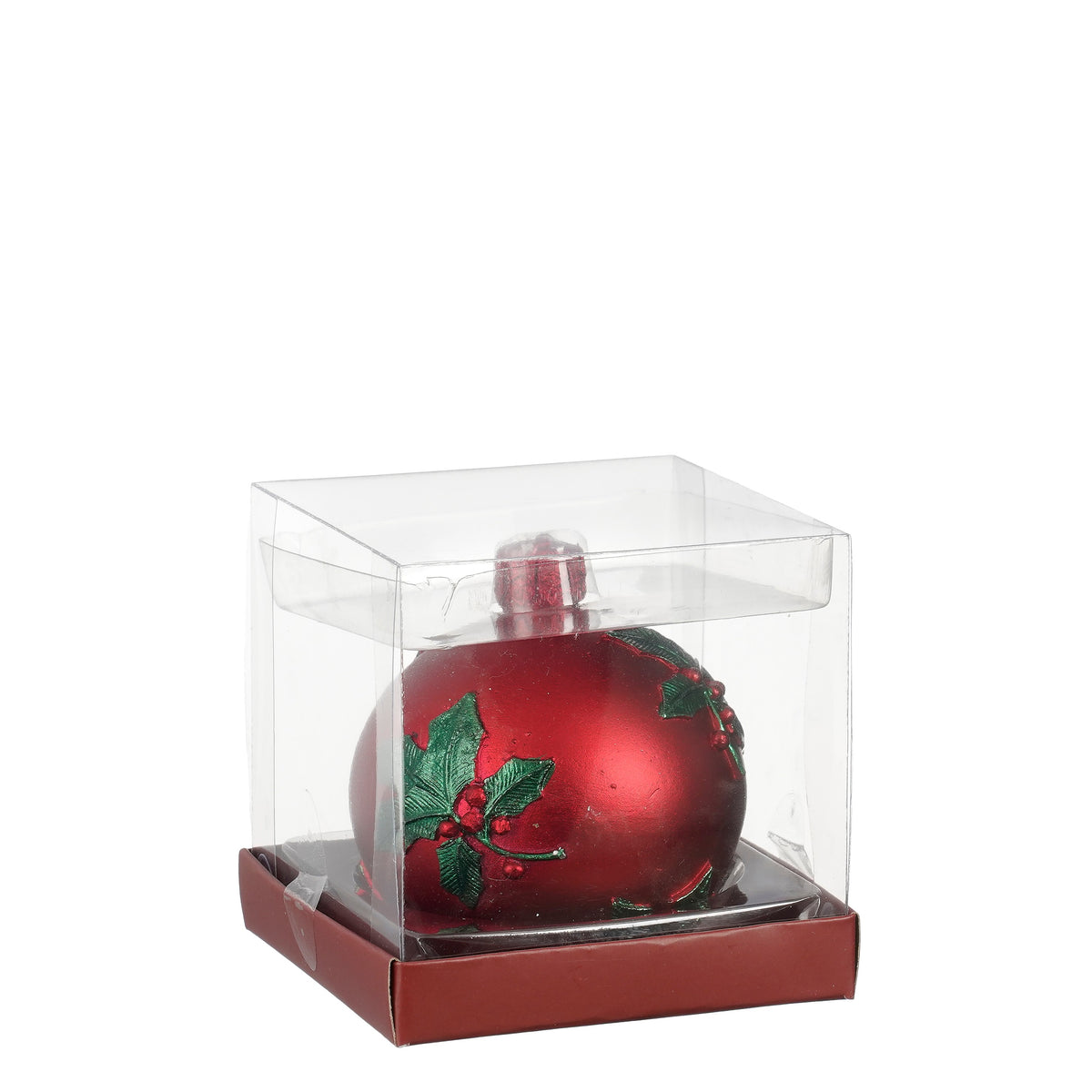 Dark red bauble-shaped light with holly