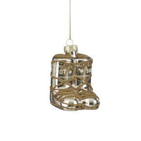 Figurine Christmas ornament: ski boots in gold-colored glass