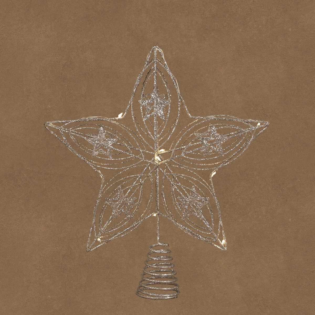 Silver metal star tree topper with lights, 30 cm high, Luca Lighting