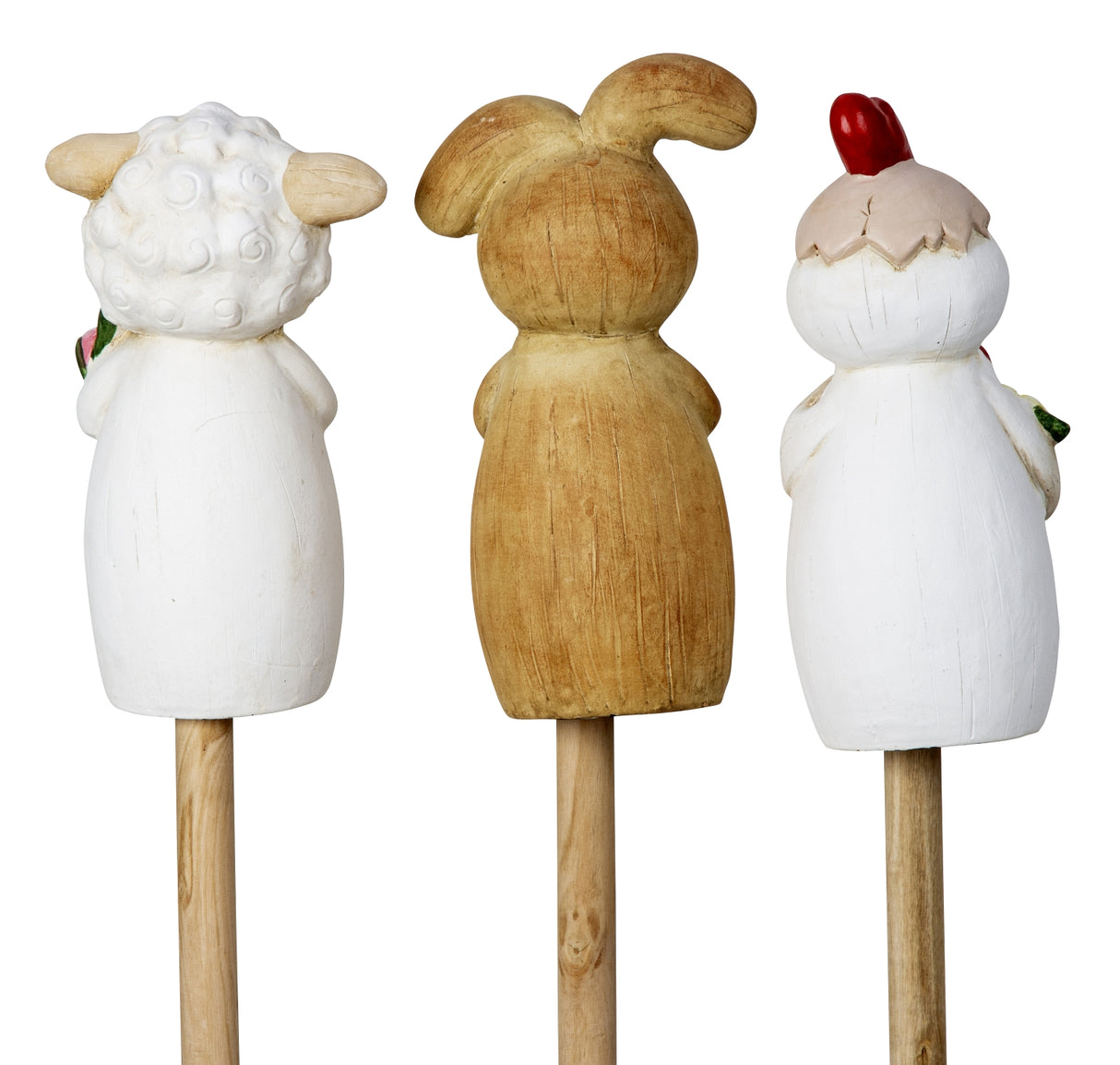 Havekrukkepynt på pind i keramik set bag fra