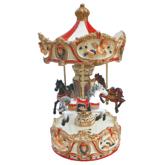Carousel with horses and angels, finely detailed; plays the melody "Rigoletto" from Musicboxworld.