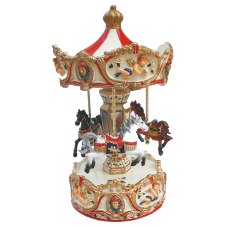 Carousel with horses and angels, finely detailed; plays the melody "Rigoletto" from Musicboxworld.