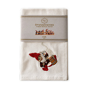 White cloth napkin with embroidered Christmas gnome with cat, 2-pack from Juel & Brandt