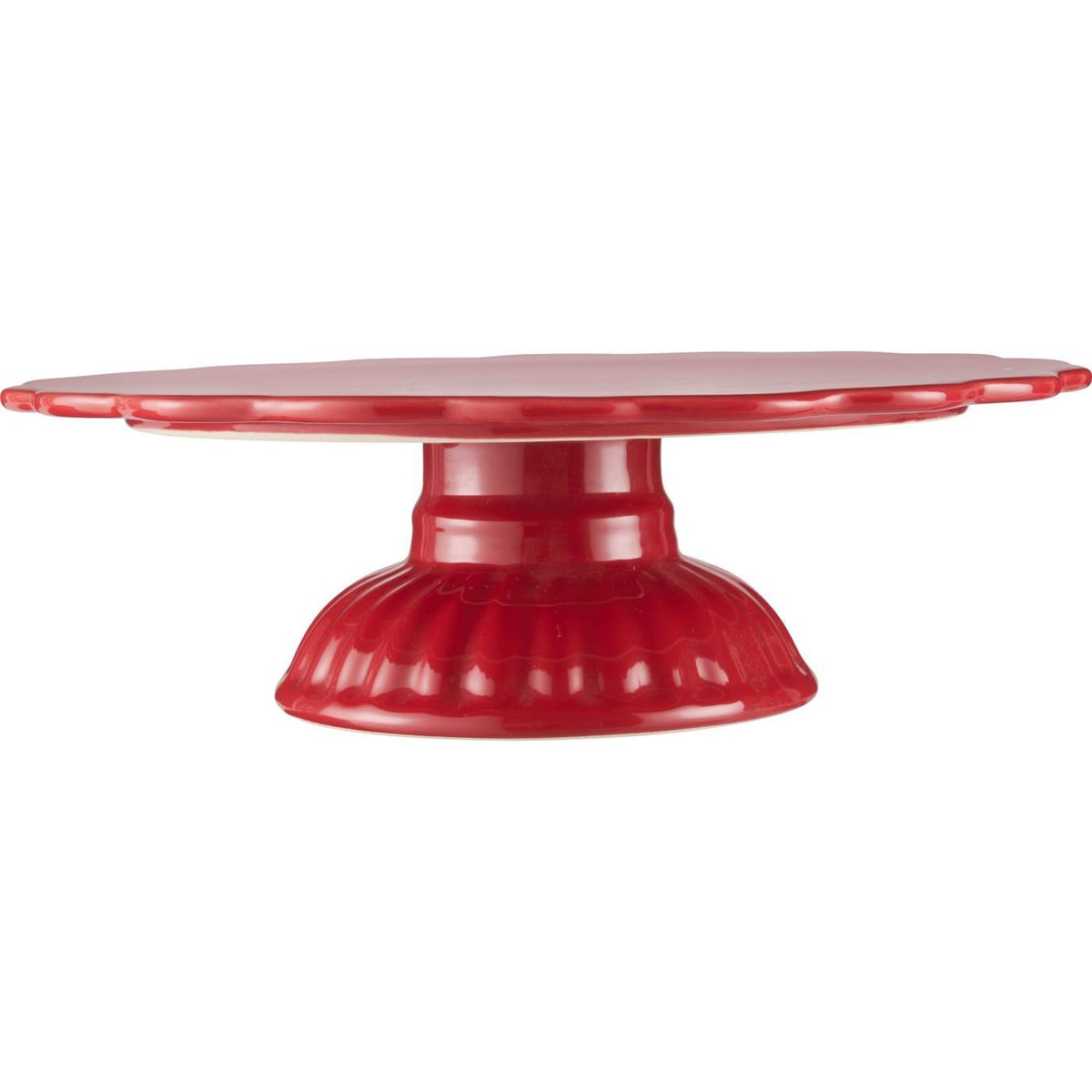 Mint cake stand with pedestal from Ib Laursen in strawberry-red stoneware with glossy glaze, wavy edge and decorative foot