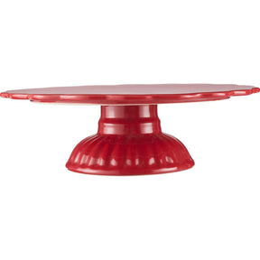 Mint cake stand with pedestal from Ib Laursen in strawberry-red stoneware with glossy glaze, wavy edge and decorative foot