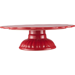 Mint cake stand with pedestal from Ib Laursen in strawberry-red stoneware with glossy glaze, wavy edge and decorative foot