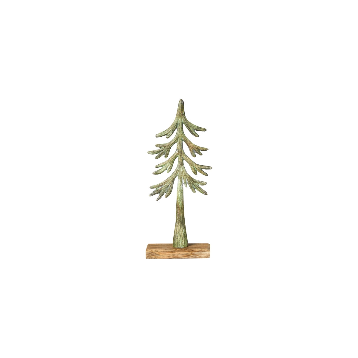 Antique green metal fir tree with wooden base, 30 cm high, from Speedtsberg