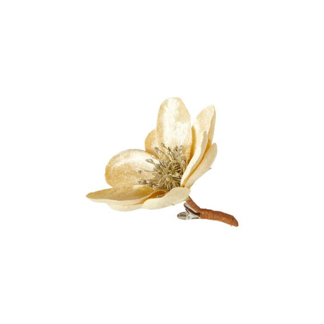 Blomsterhoved med klips magnolia råhvid og guldfarvet 