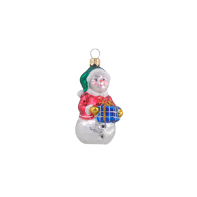 Julekugle Snemandsdame med blå pakke