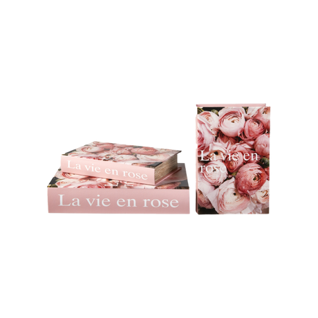 Speedstberg opbevaringsæsker udformet som bøger med blomster og teksten La vie en rose