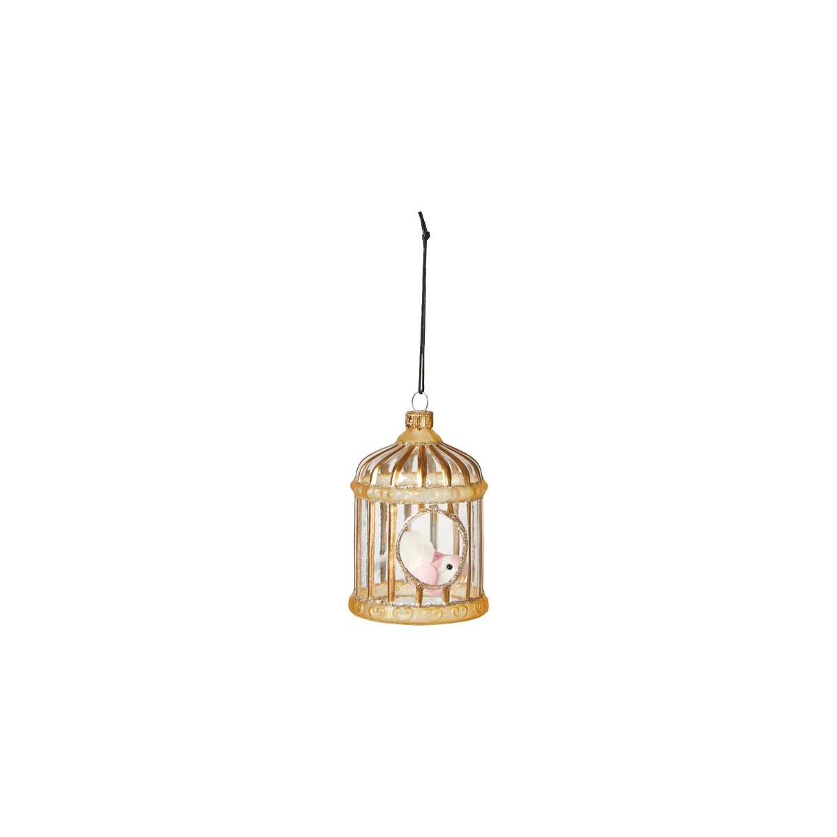 Gold-colored birdcage Christmas ornament with a bird inside from Speedtsberg