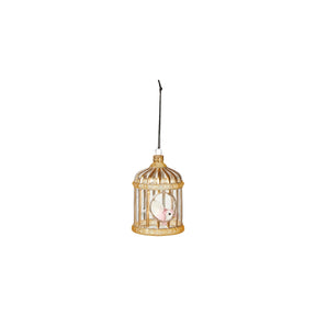 Gold-colored birdcage Christmas ornament with a bird inside from Speedtsberg