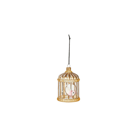 Gold-colored birdcage Christmas ornament with a bird inside from Speedtsberg