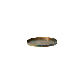 Round decorative tray from Speedtsberg in antique brown and gold-colored metal with a copper-green patina, 21 cm in diameter
