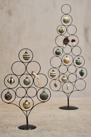 Black metal Christmas trees in two sizes from Speedtsberg, decorated with baubles