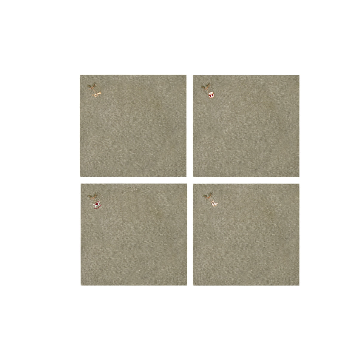 Cloth napkins with embroidered Christmas motifs on a gray-green background from Speedtsberg
