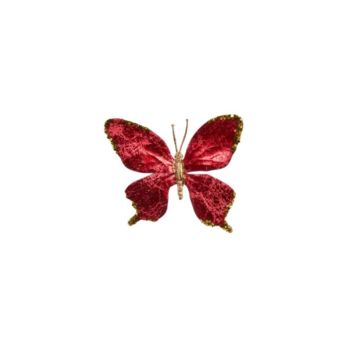Sommerfugl i rød farve med guldfarvede detaljer og klips.