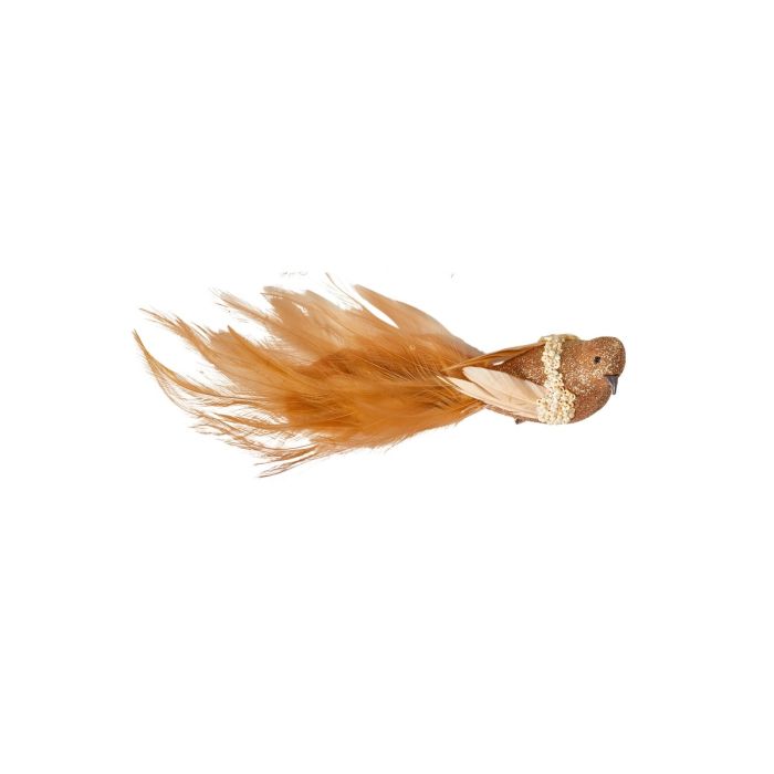 Fugl med klips 22 cm lang ravfarvet med skønne halefjer. 