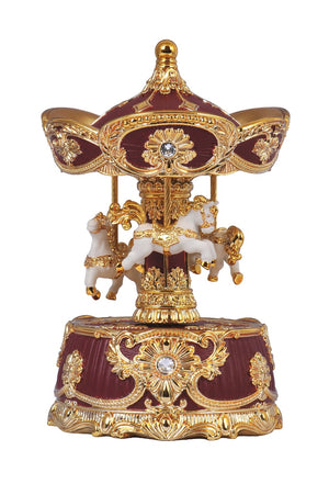 Nostalgic carousel from Musicboxworld in burgundy and gold with white horses, golden ornaments and a mechanical music movement