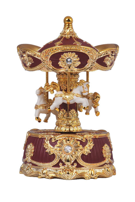 Nostalgic carousel from Musicboxworld in burgundy and gold with white horses, golden ornaments and a mechanical music movement