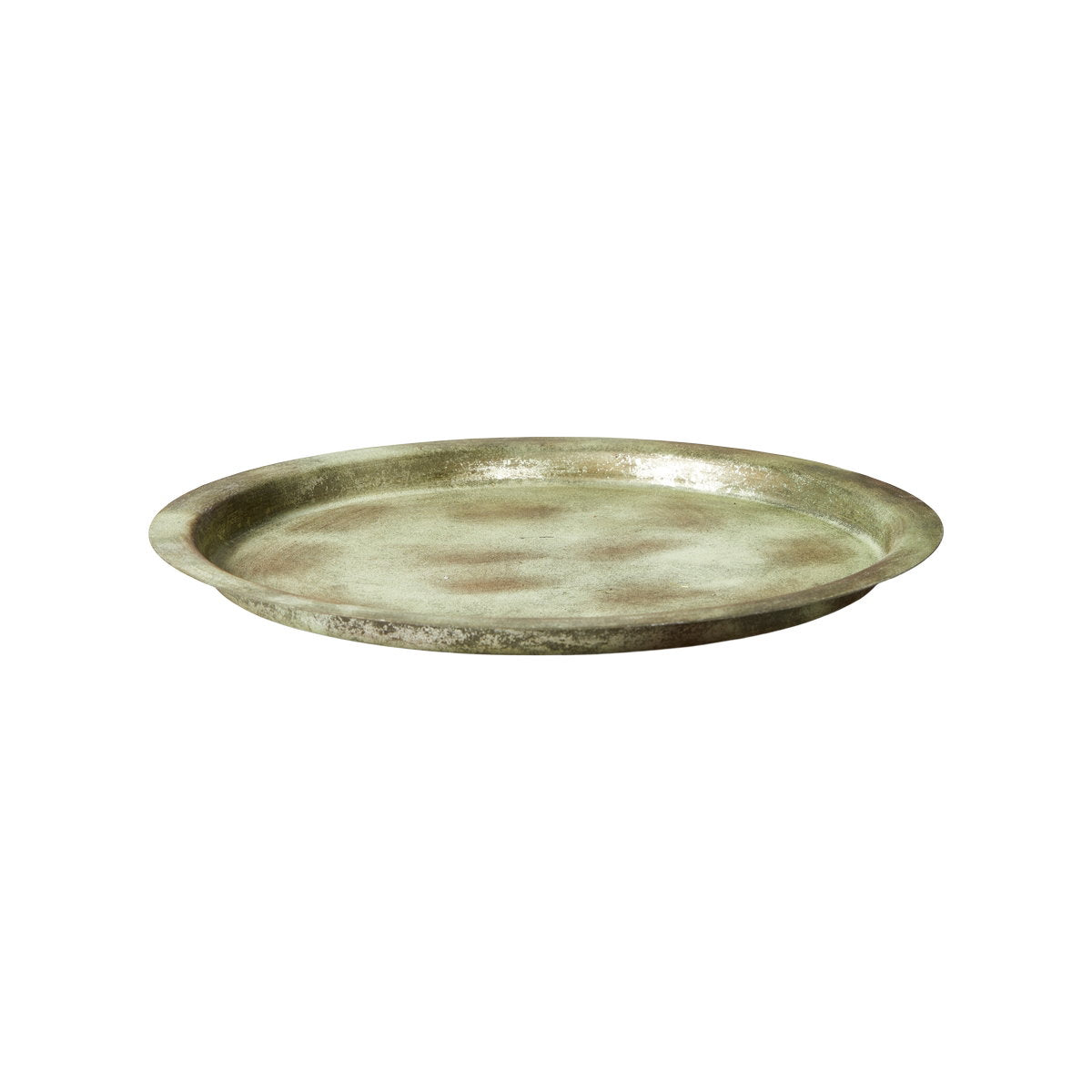 Round decorative tray from Speedtsberg in antique green metal with a rustic patinated finish, 30 cm diameter