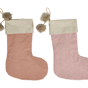 Christmas stocking with pompom in linen-colored and red fabric from Speedtsberg