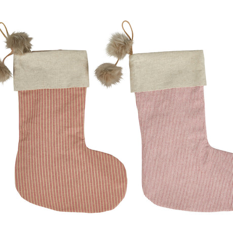 Christmas stocking with pompom in linen-colored and red fabric from Speedtsberg