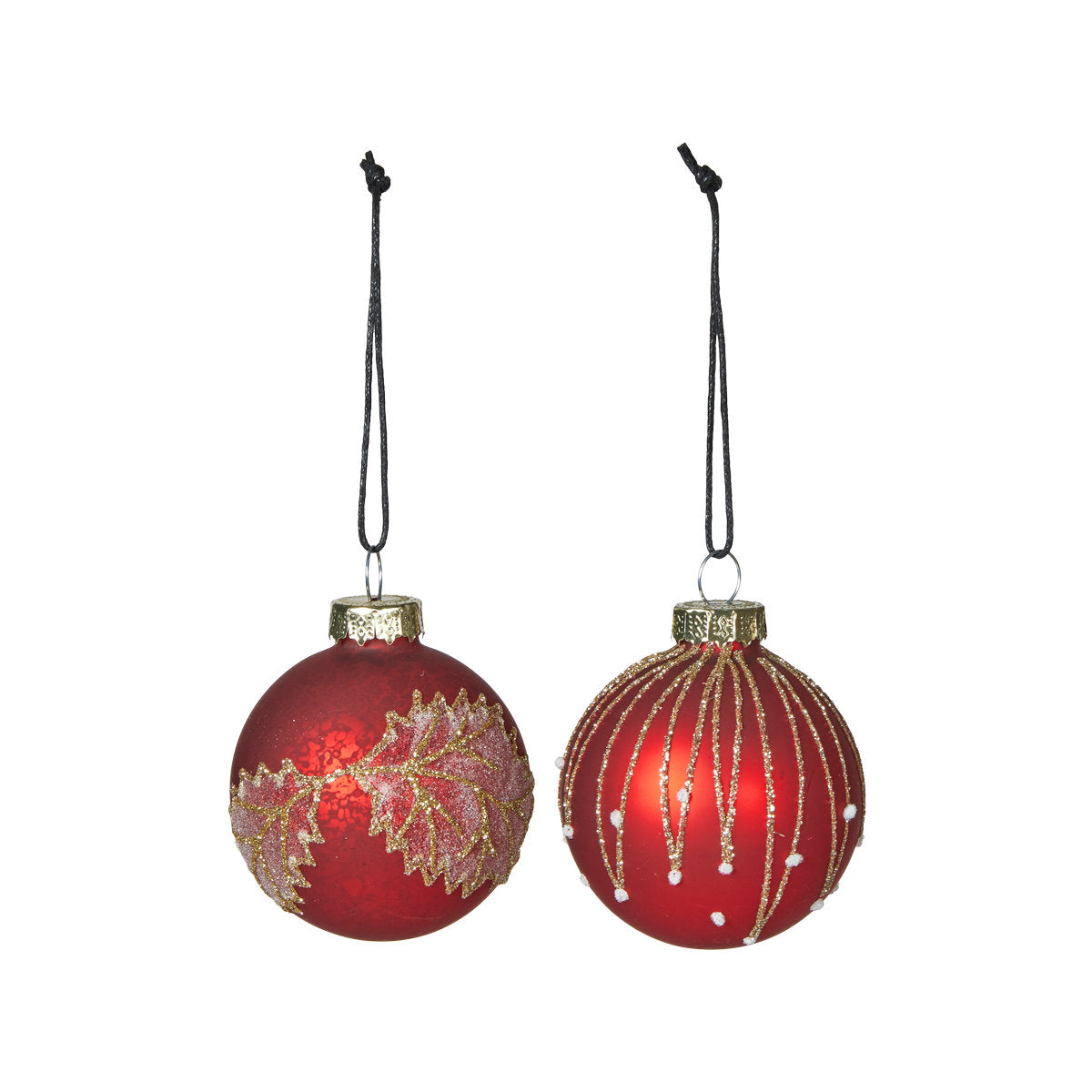 Matte red glass Christmas baubles with leaf pattern from Speedtsberg