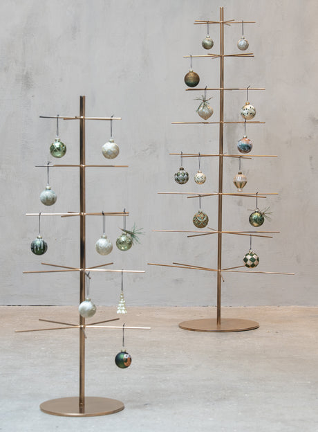 Two metal Christmas trees decorated with glass baubles from Speedtsberg