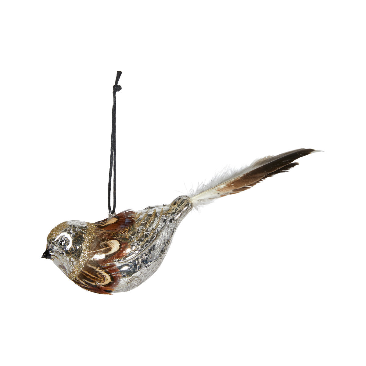 Glass Christmas bauble featuring a sparrow with real feather tail from Speedtsberg