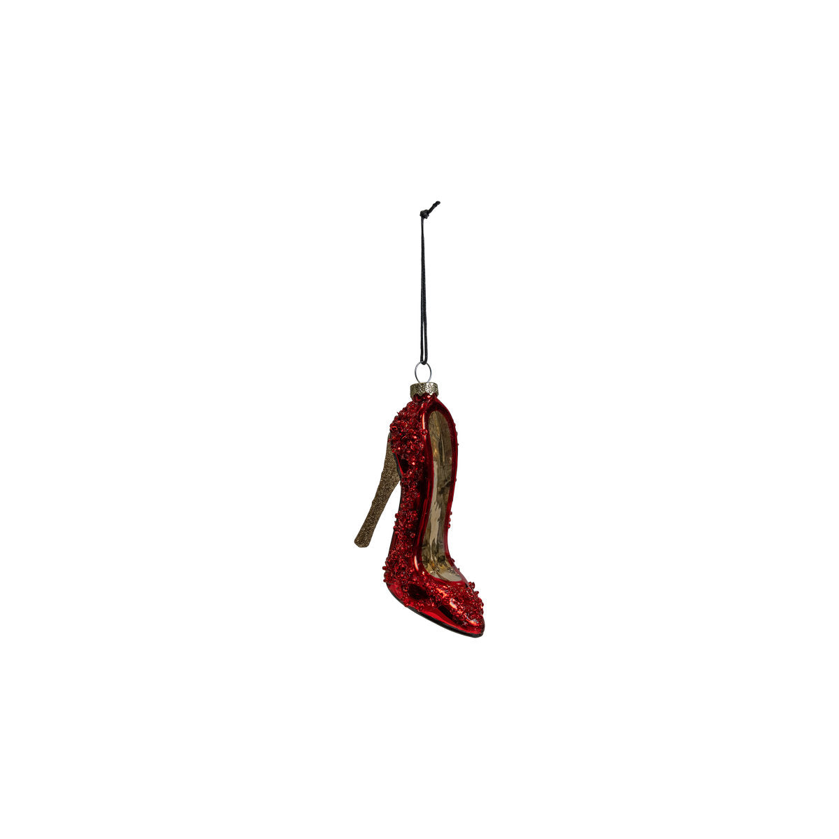 Sleek red and gold Christmas bauble for hanging from Speedtsberg