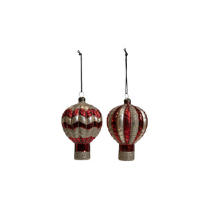 Red and gold balloon Christmas tree ornaments with vertical stripes or panels and glitter, from Speedtsberg, 12 cm high