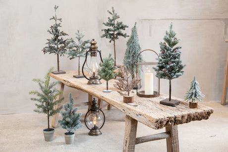 Lanterns and decorative fir trees from Speedtsberg adorn a rustic beam table