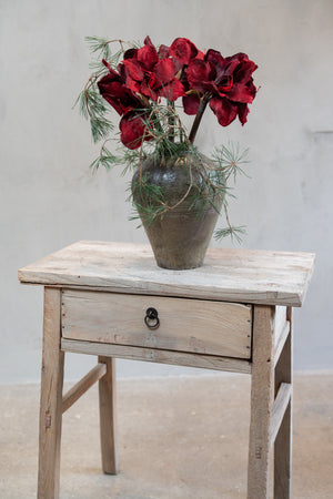 Bouquet of artificial amaryllis stems with burgundy flowers and pine branches in a vase