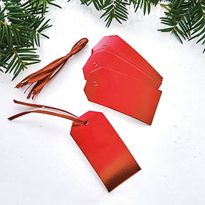 Metallic red gift tags with red string and 'To/From' fields, from Pobra