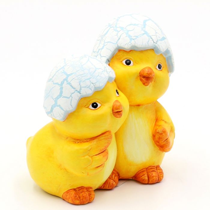 Kyllingepar med æggeskaller på hovedet