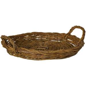 Round rustic willow-woven tray from Ib Laursen, made from whole unbarked willow, with a low rim and two braided handles