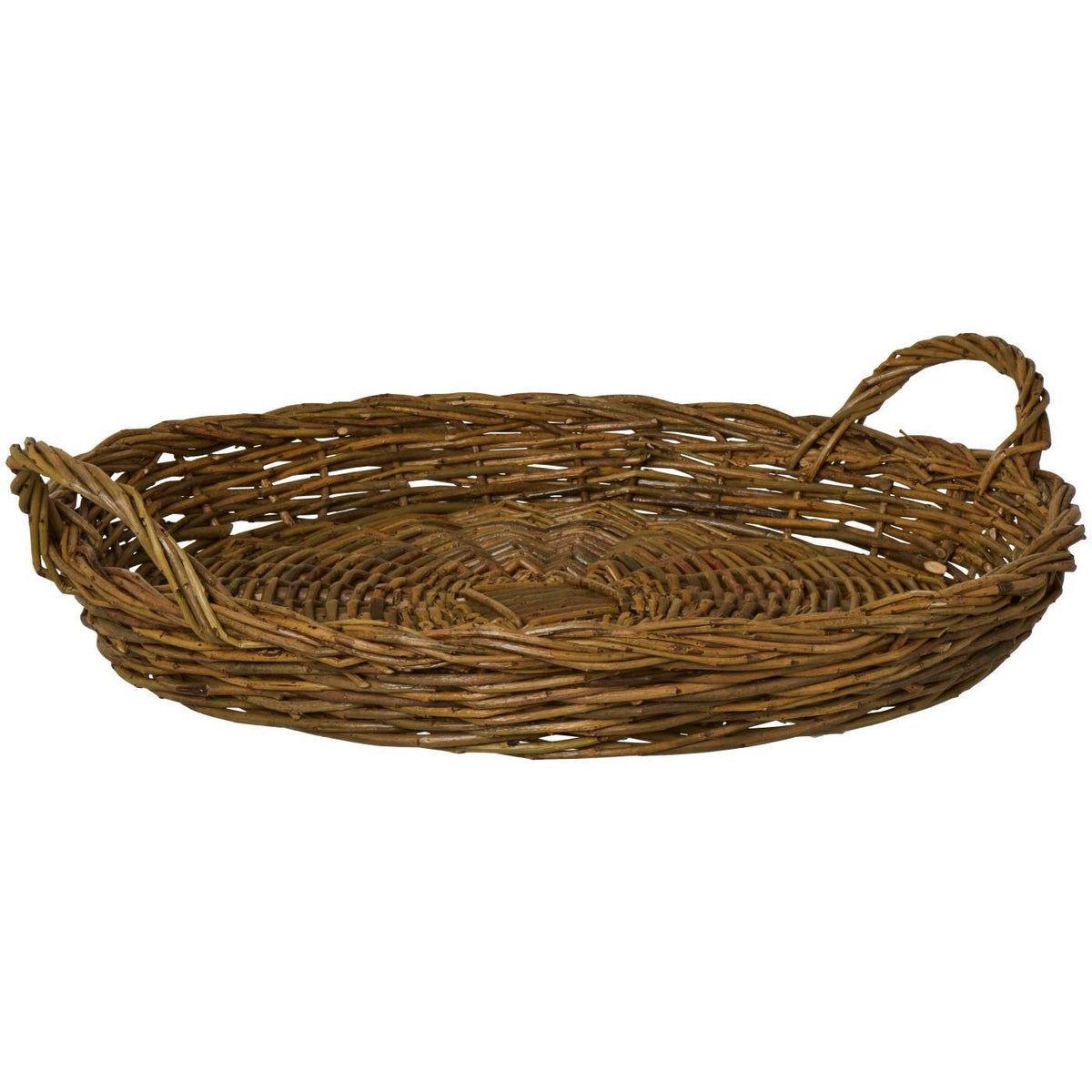 Large round willow wicker tray from Ib Laursen made of whole unbarked willow, with two braided handles and a rustic rim