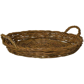 Large round willow wicker tray from Ib Laursen made of whole unbarked willow, with two braided handles and a rustic rim