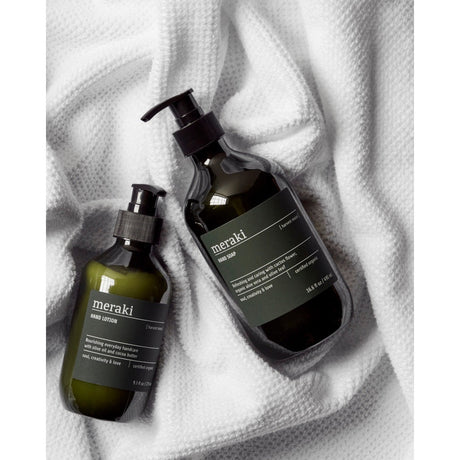 Hand soap and hand cream from Meraki in green pump bottles from the harvest moon series