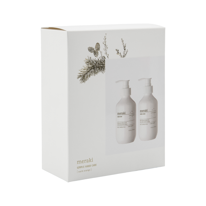 Meraki Gaveæske Warm orange winter moment med håndsæbe og håndlotion set fra siden